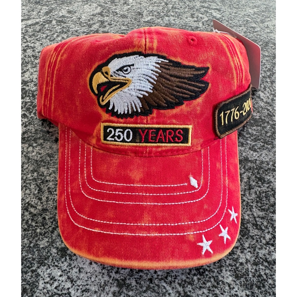 NWT Unisex USA 250th Anniversary Bald Eagle Baseball Hat - OSFM - Red Acid Wash